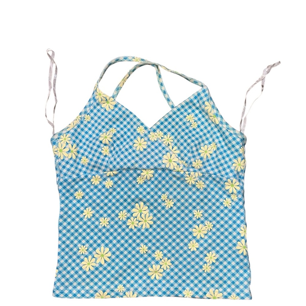 Y2K Vintage Energie Blue Checkered Top with Yellow Floral Accents